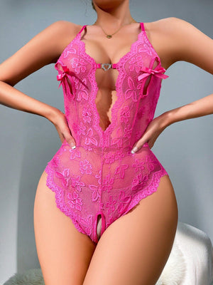 Floral Lace Heart Ring Linked Plunging Teddy Bodysuit - Negative Apparel