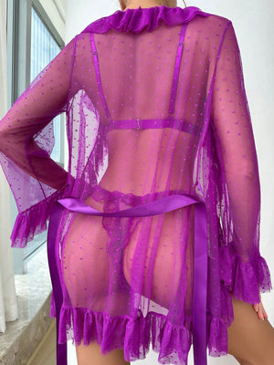 Floral Lace Ruffle Trim Lingerie Set & Belted Robe - Negative Apparel