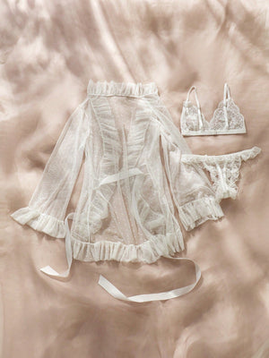 Floral Lace Ruffle Trim Lingerie Set & Belted Robe - Negative Apparel