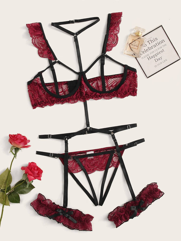 SheIn Women's Sexy lace bra/panty/garter Set burgundy medium (6