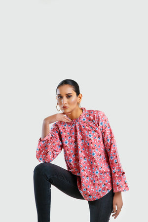 Floral Print Frill Neck Flounce Sleeve Blouse - Negative Apparel