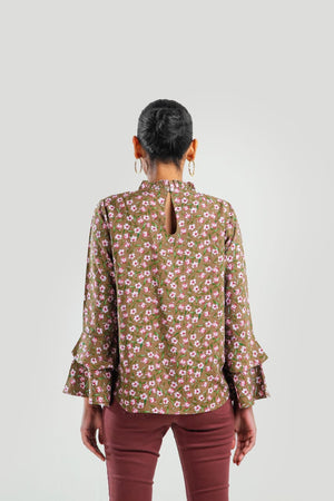 Floral Print Frill Neck Flounce Sleeve Blouse - Negative Apparel