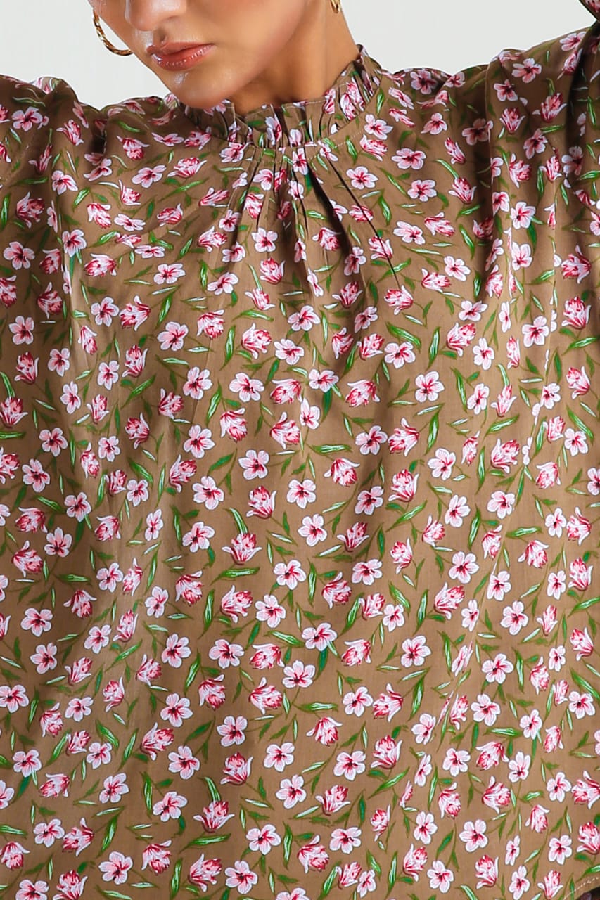 Floral Print Frill Neck Flounce Sleeve Blouse - Negative Apparel
