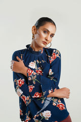 Floral Print Frill Neck Flounce Sleeve Blouse - Negative Apparel