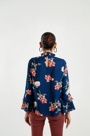 Floral Print Frill Neck Flounce Sleeve Blouse - Negative Apparel