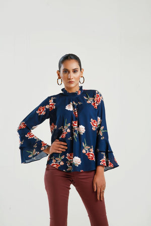 Floral Print Frill Neck Flounce Sleeve Blouse - Negative Apparel