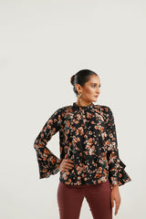 Floral Print Frill Neck Flounce Sleeve Blouse - Negative Apparel