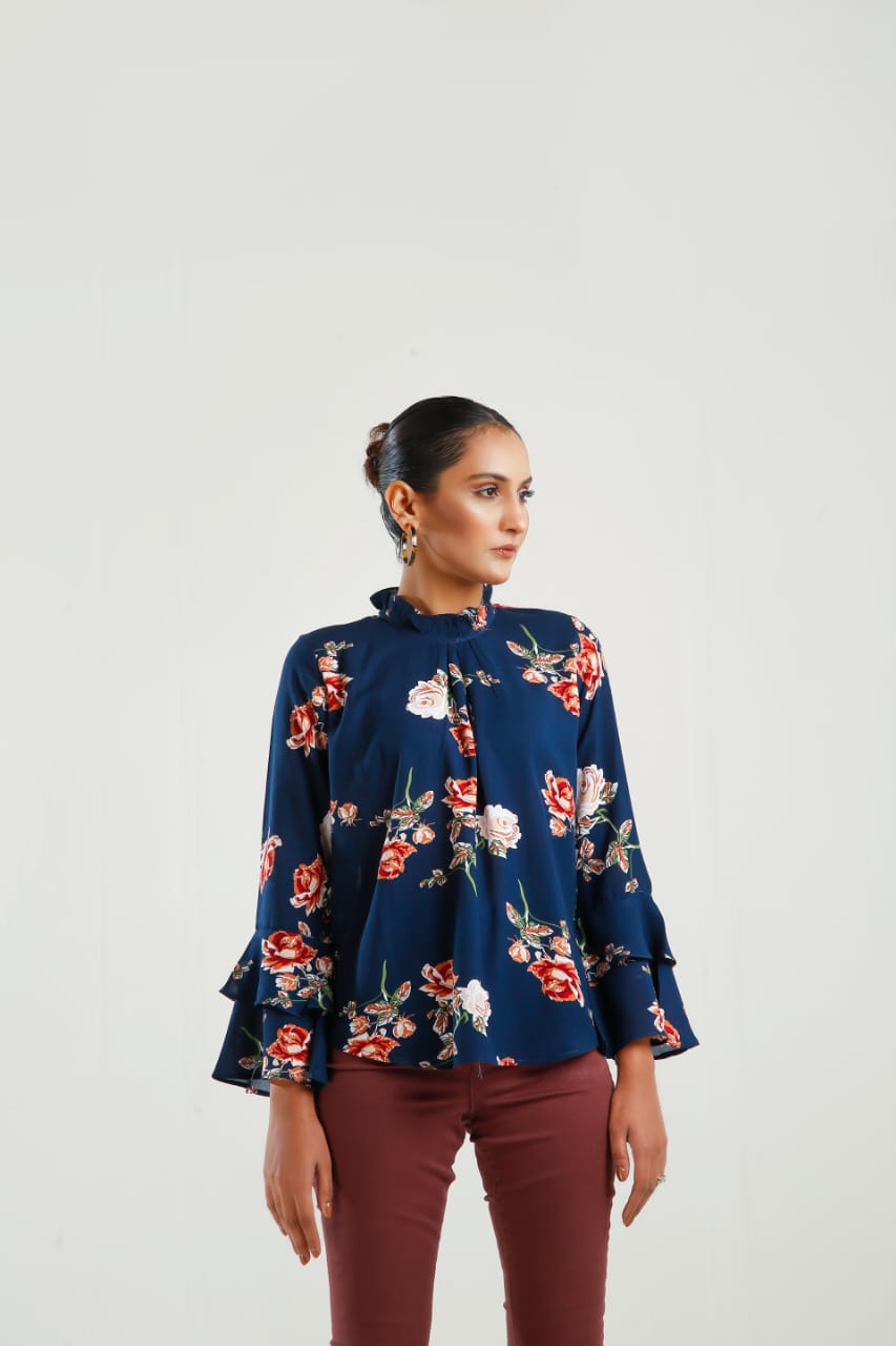 Floral Print Frill Neck Flounce Sleeve Blouse - Negative Apparel