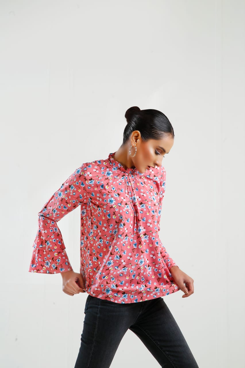 Floral Print Frill Neck Flounce Sleeve Blouse - Negative Apparel