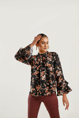 Floral Print Frill Neck Flounce Sleeve Blouse - Negative Apparel