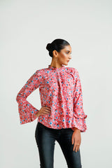 Floral Print Frill Neck Flounce Sleeve Blouse - Negative Apparel