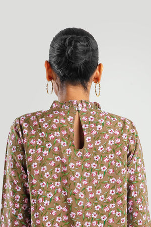 Floral Print Frill Neck Flounce Sleeve Blouse - Negative Apparel