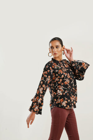 Floral Print Frill Neck Flounce Sleeve Blouse - Negative Apparel