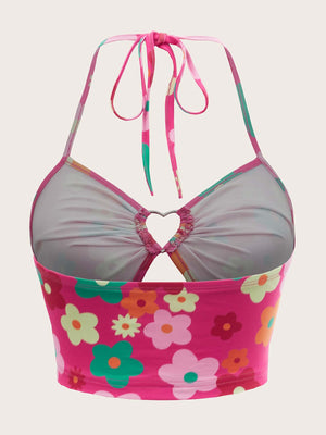 Floral Print Heart Ring Crop Top with Backless Bow Tie - Negative Apparel