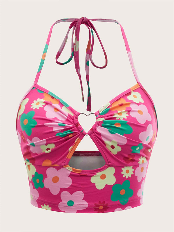 Floral Print Heart Ring Crop Top with Backless Bow Tie - Negative Apparel