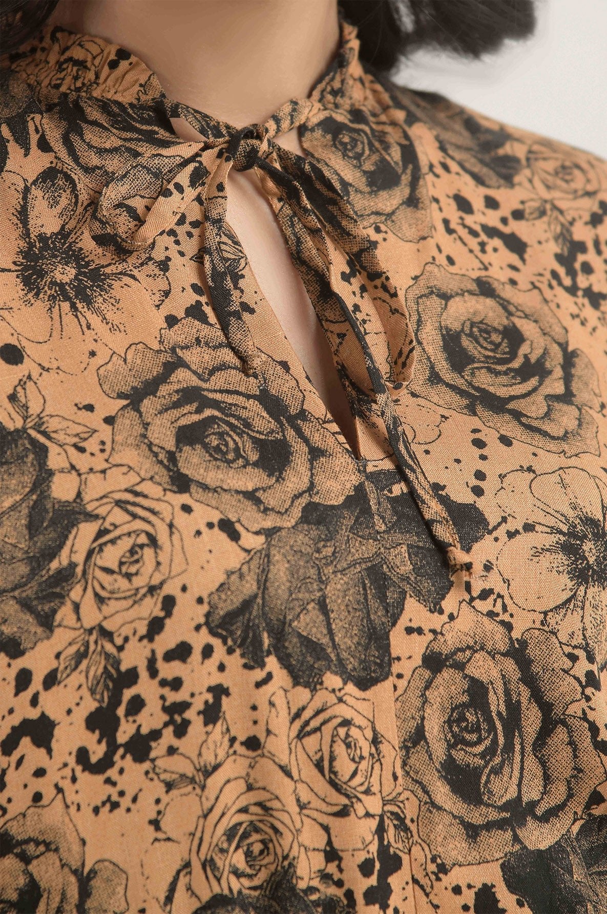 Floral Shirred Cuff Belted Dress without Belt - Negative Apparel