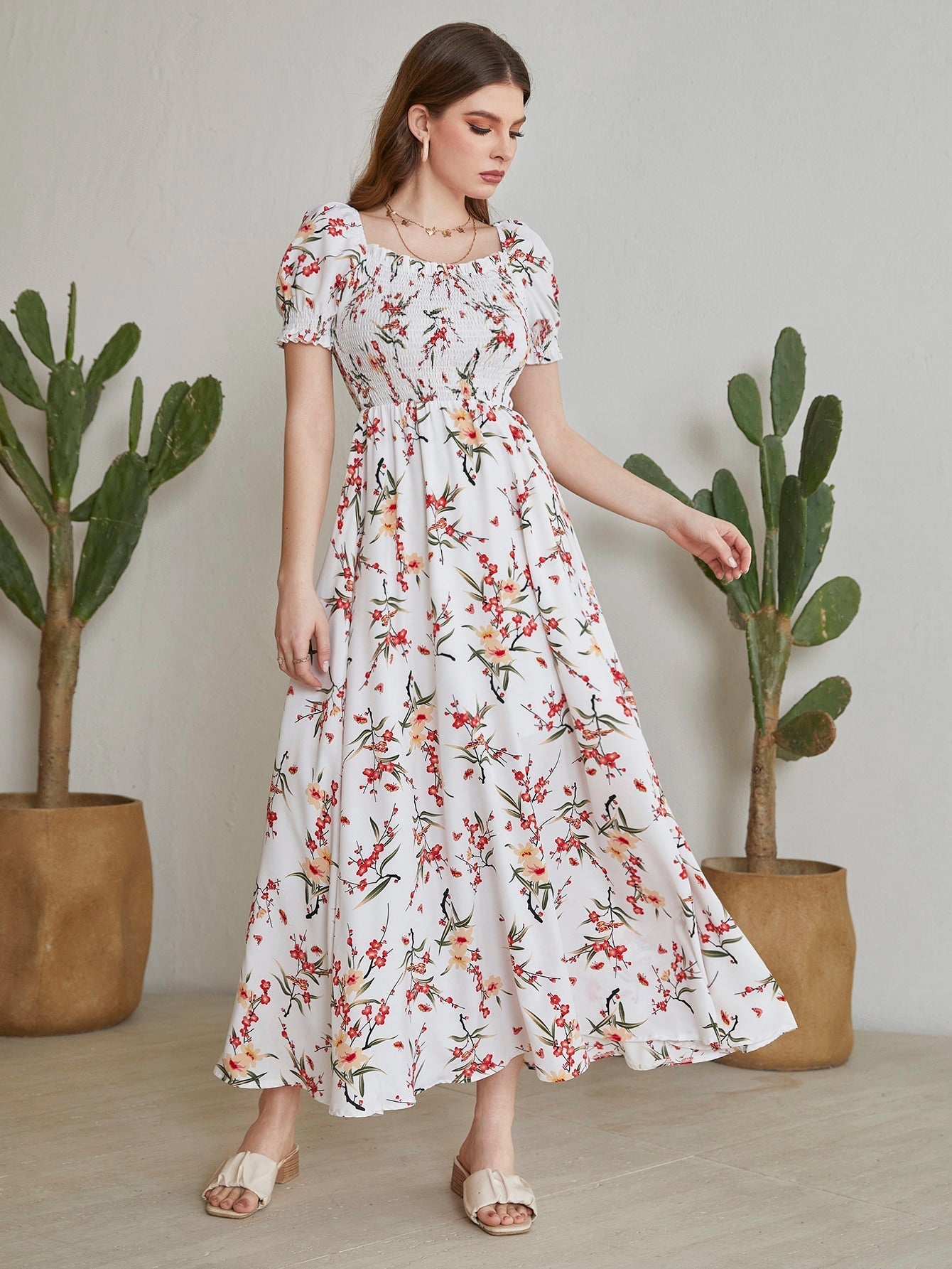 Floral Square Neck Shirred A-line Dress - Negative Apparel