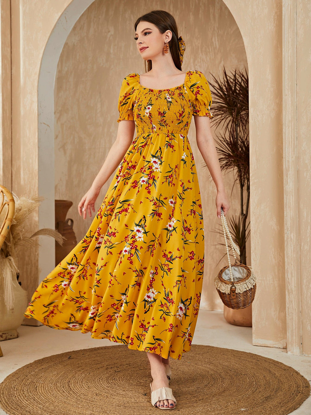 Floral Square Neck Shirred A-line Dress - Negative Apparel