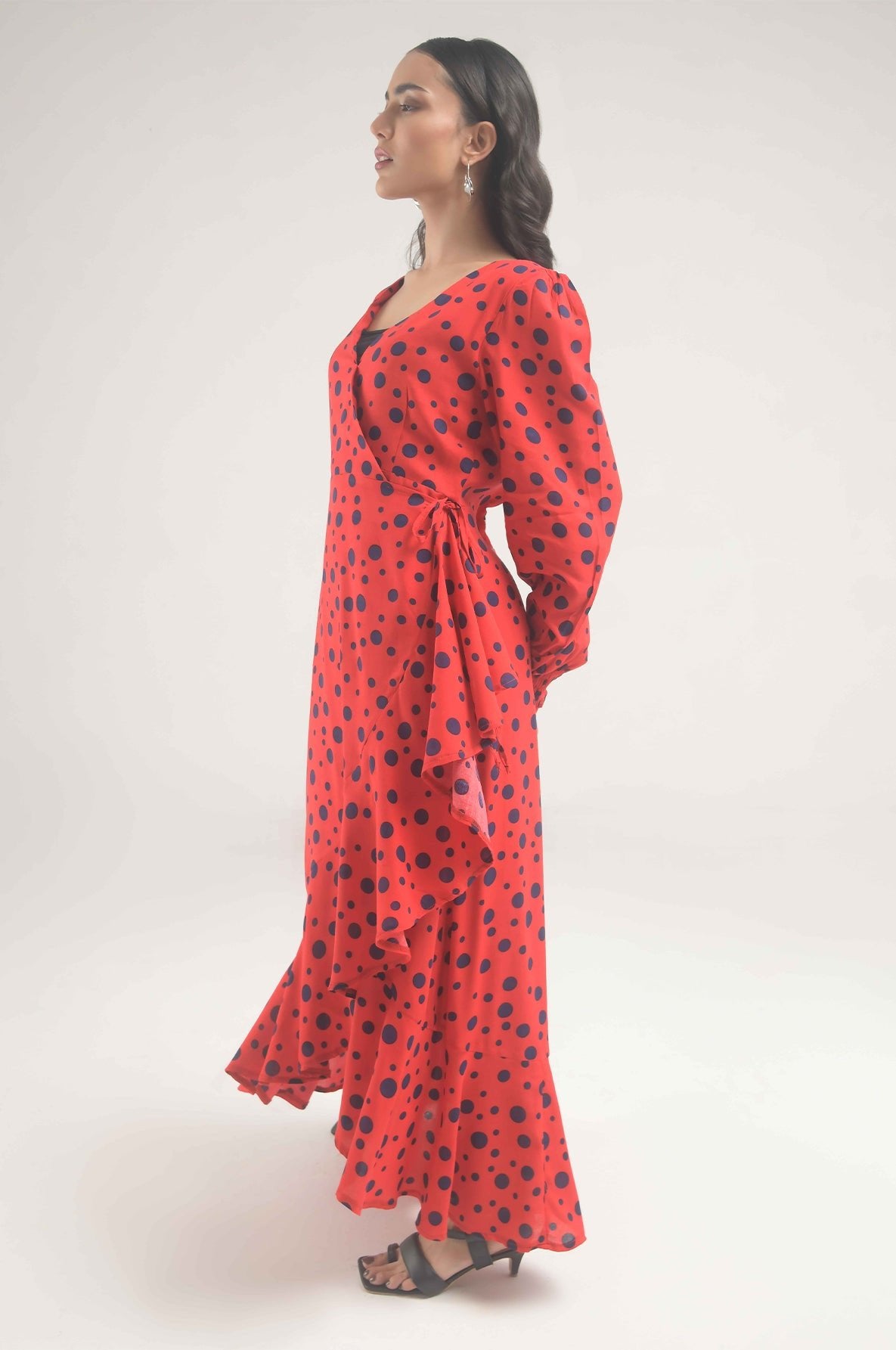 Flounce Sleeve Ruffle Trim Wrap Knot Side Dress - Negative Apparel