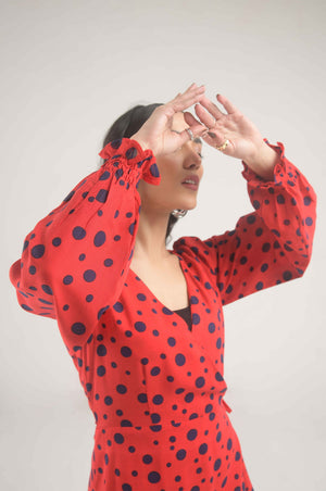Flounce Sleeve Ruffle Trim Wrap Knot Side Dress - Negative Apparel
