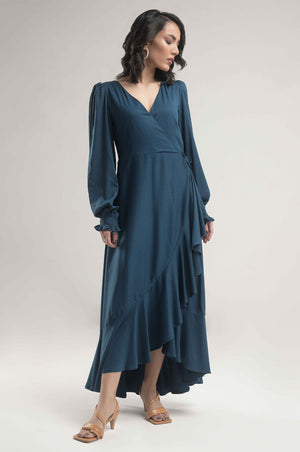 Flounce Sleeve Ruffle Trim Wrap Knot Side Dress - Negative Apparel