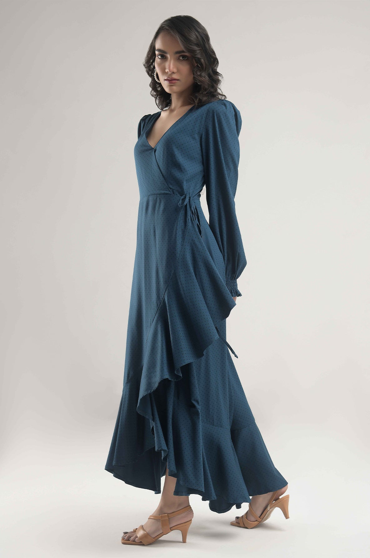 Flounce Sleeve Ruffle Trim Wrap Knot Side Dress - Negative Apparel