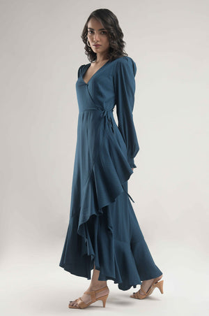 Flounce Sleeve Ruffle Trim Wrap Knot Side Dress - Negative Apparel