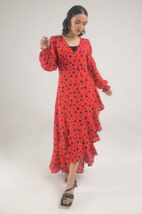 Flounce Sleeve Ruffle Trim Wrap Knot Side Dress - Negative Apparel