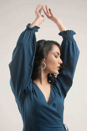 Flounce Sleeve Ruffle Trim Wrap Knot Side Dress - Negative Apparel