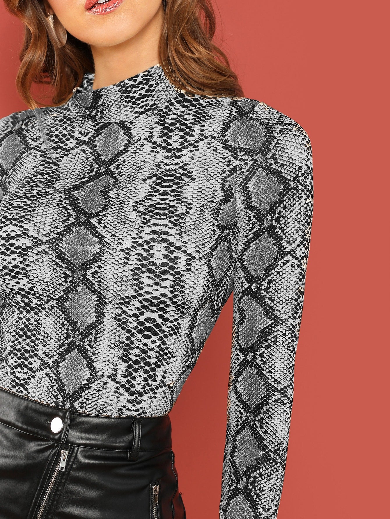 Form-Fitting Snakeskin Print Mock Neck Top - Negative Apparel