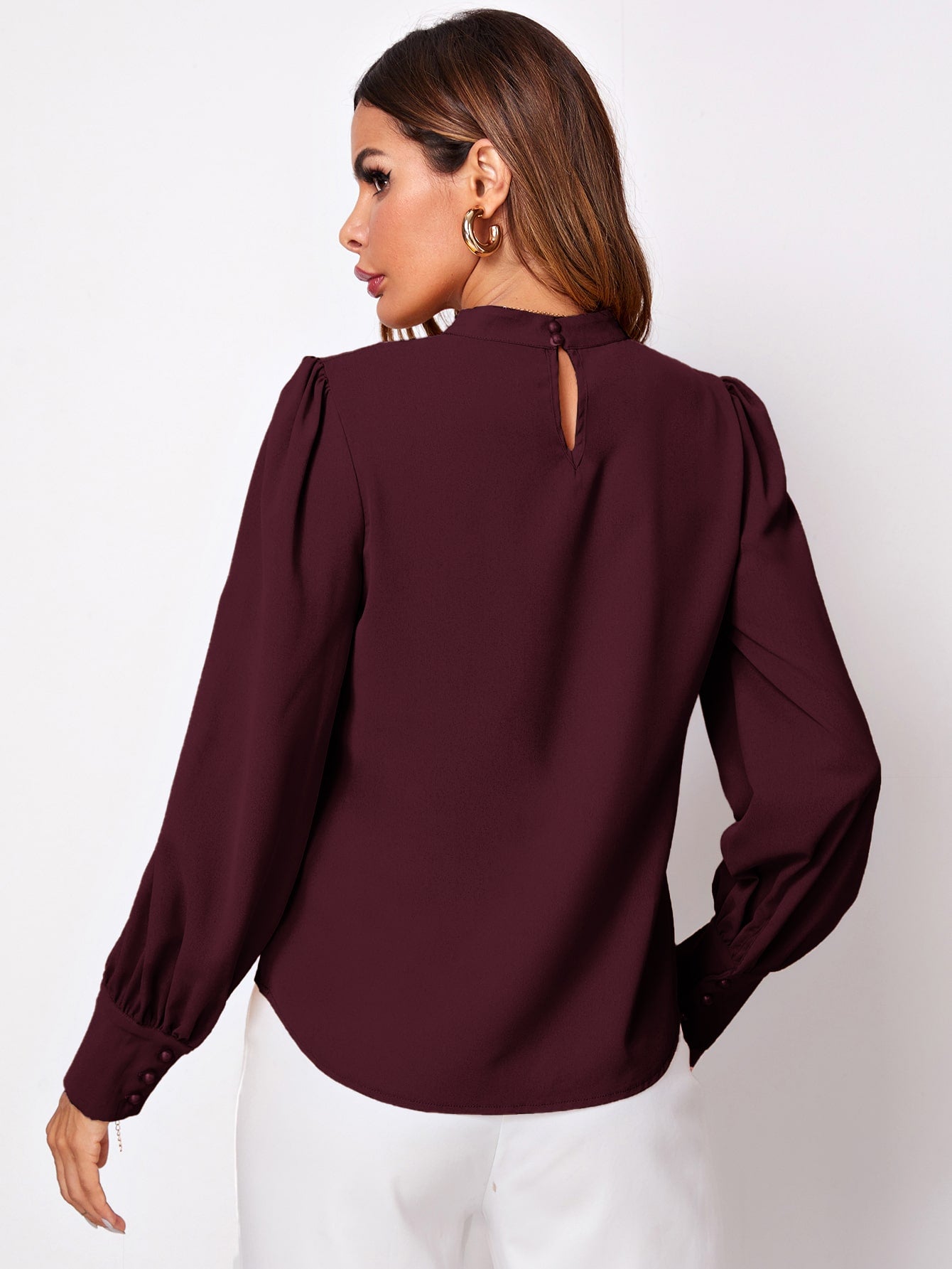 Frenchy Button Cuff Gathered Neck Top - Negative Apparel