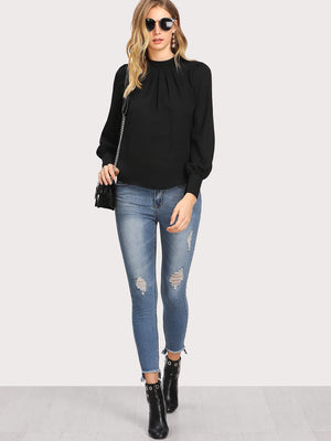 Frenchy Button Cuff Gathered Neck Top - Negative Apparel