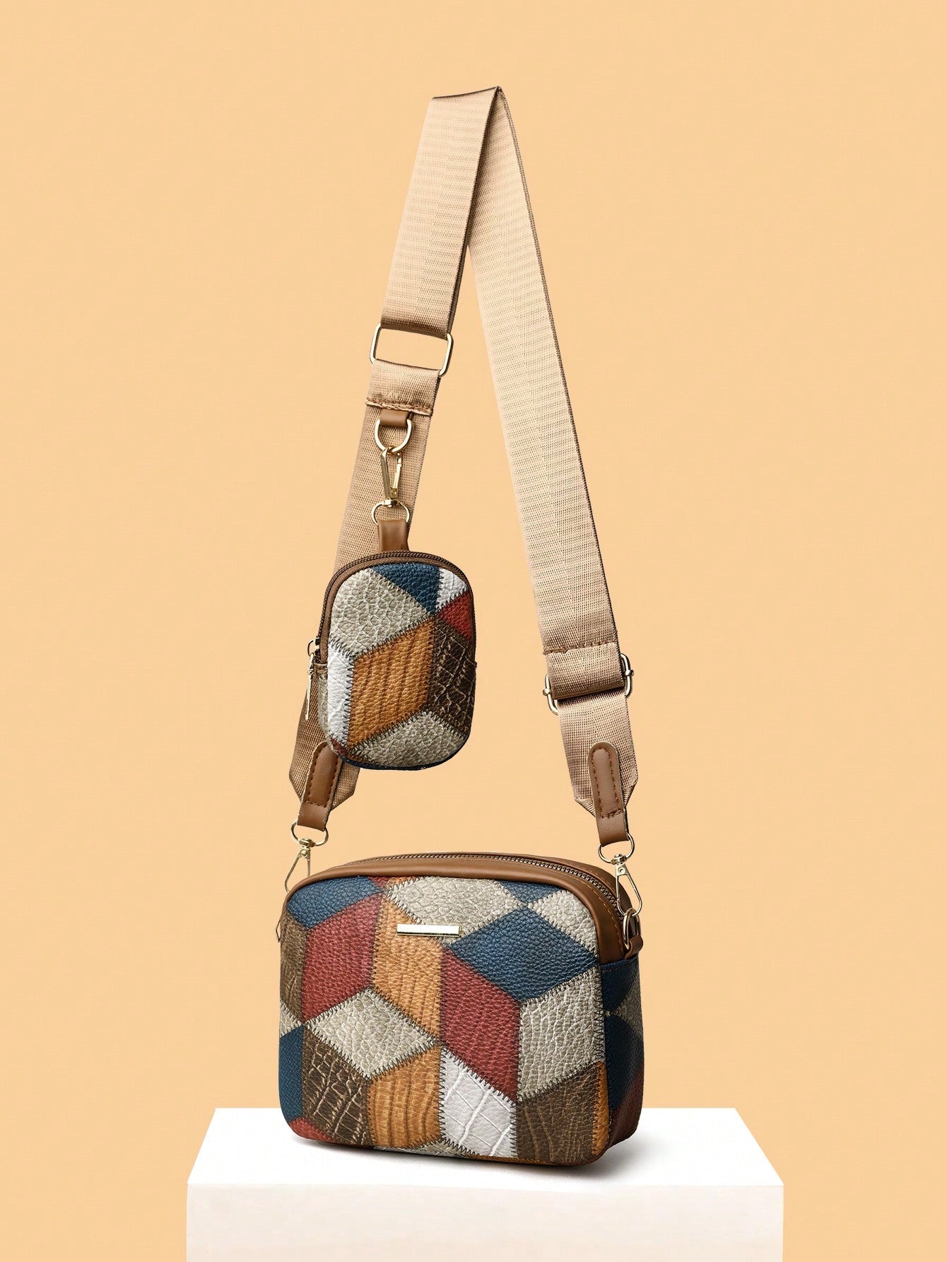 Geometric Pattern & Colorblock Design Decorated Crossbody Bag With Hardware Details And Small Purse - Negative Apparel