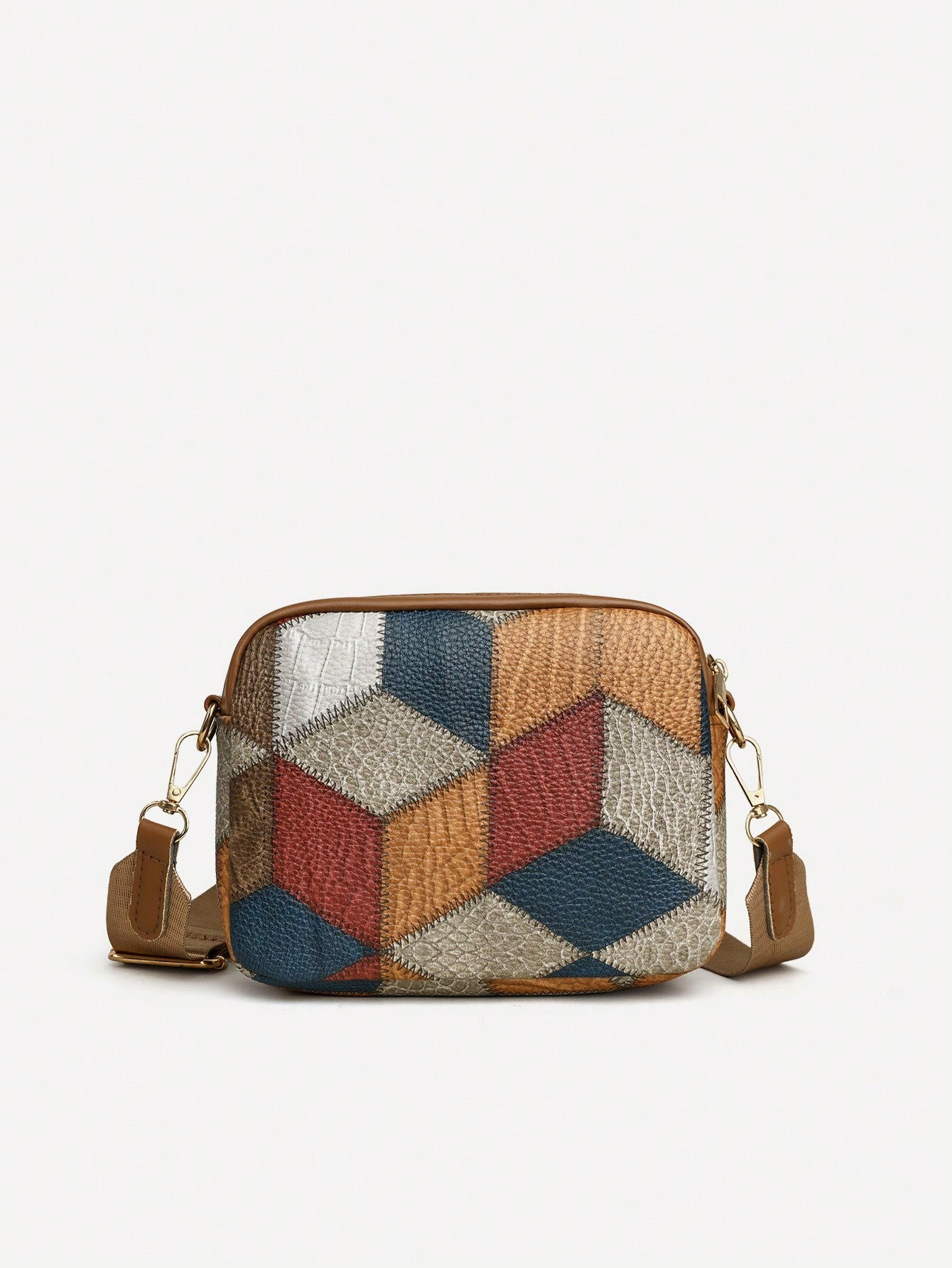 Geometric Pattern & Colorblock Design Decorated Crossbody Bag With Hardware Details And Small Purse - Negative Apparel