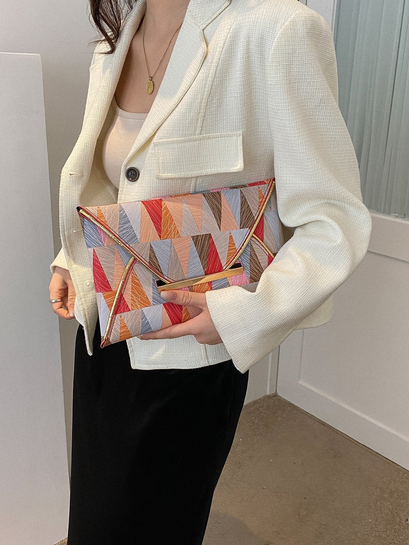 Geometric Pattern Metal Decor Square Bag - Negative Apparel