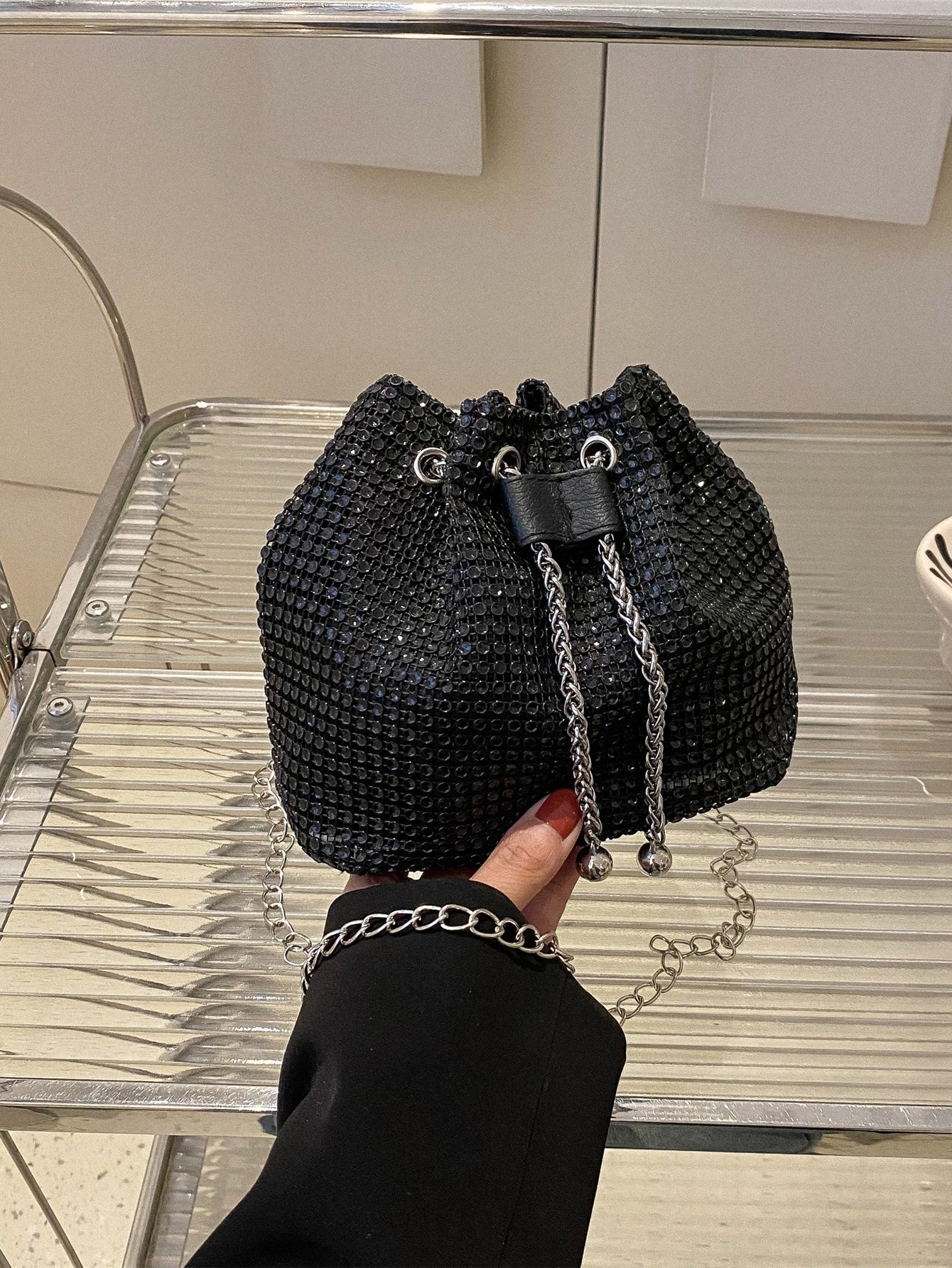 Glitter bucket bag store