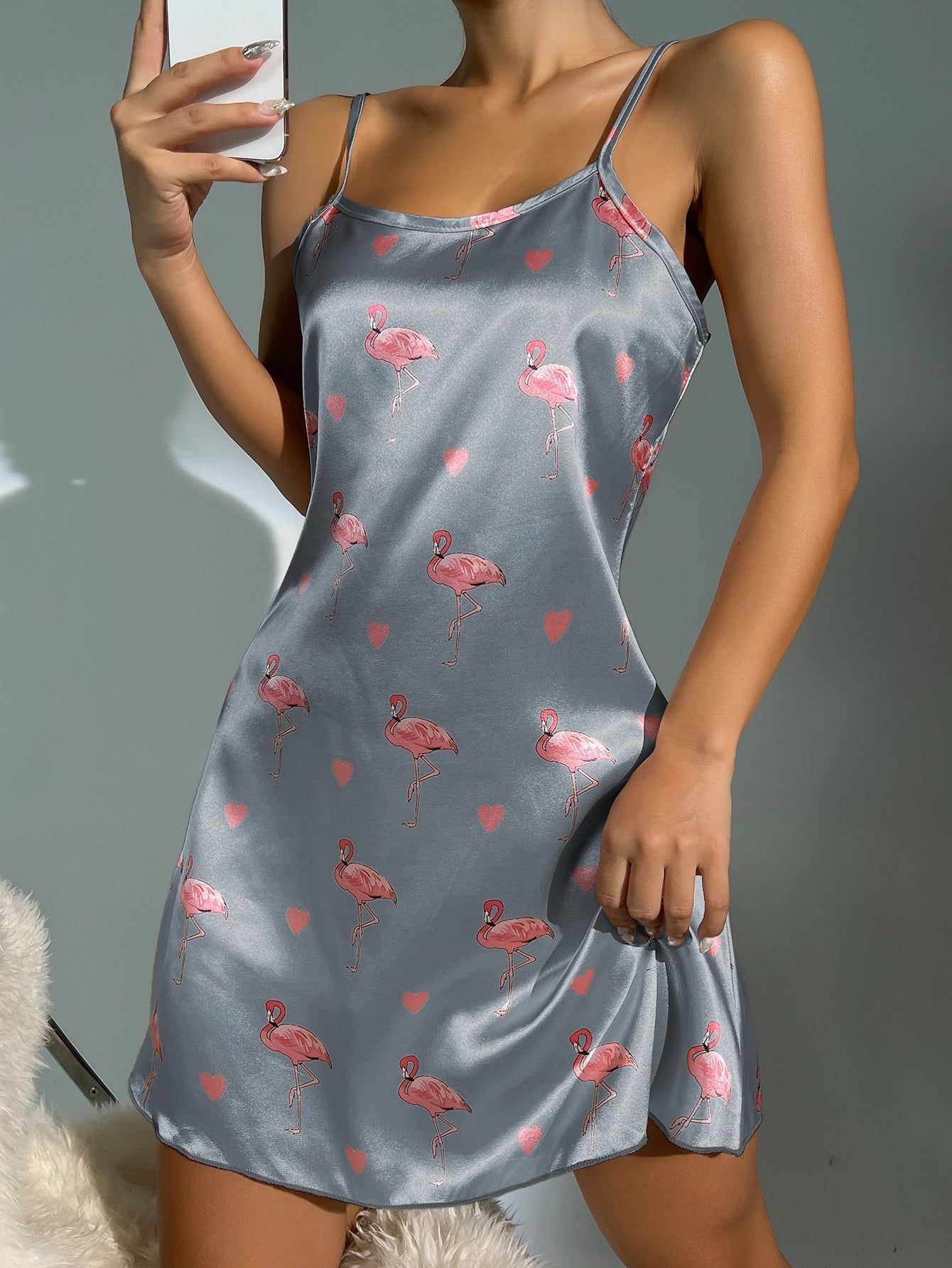 Heart & Flamingo Print Satin Cami Nightdress - Negative Apparel