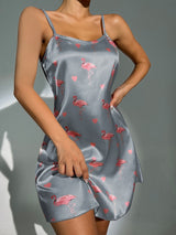 Heart & Flamingo Print Satin Cami Nightdress - Negative Apparel