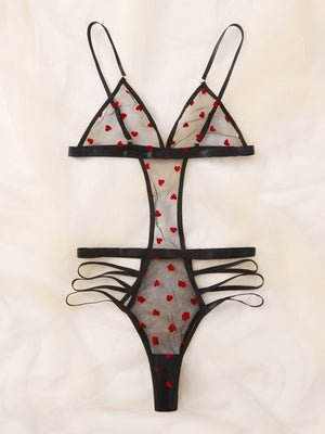 Heart Print Cut-out Mesh Teddy Bodysuit - Negative Apparel