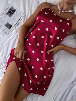 Heart Print Lettuce Trim Slip Nightdress - Negative Apparel