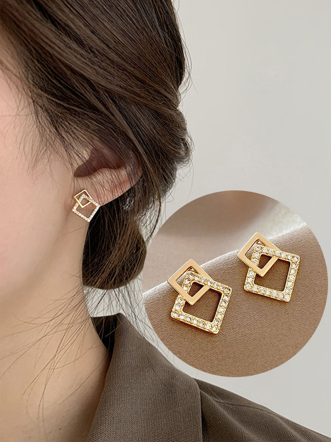 Korean Square Shaped Cubic Zirconia Minimalist Cold-tone Small And Exquisite Stud Earrings - Negative Apparel