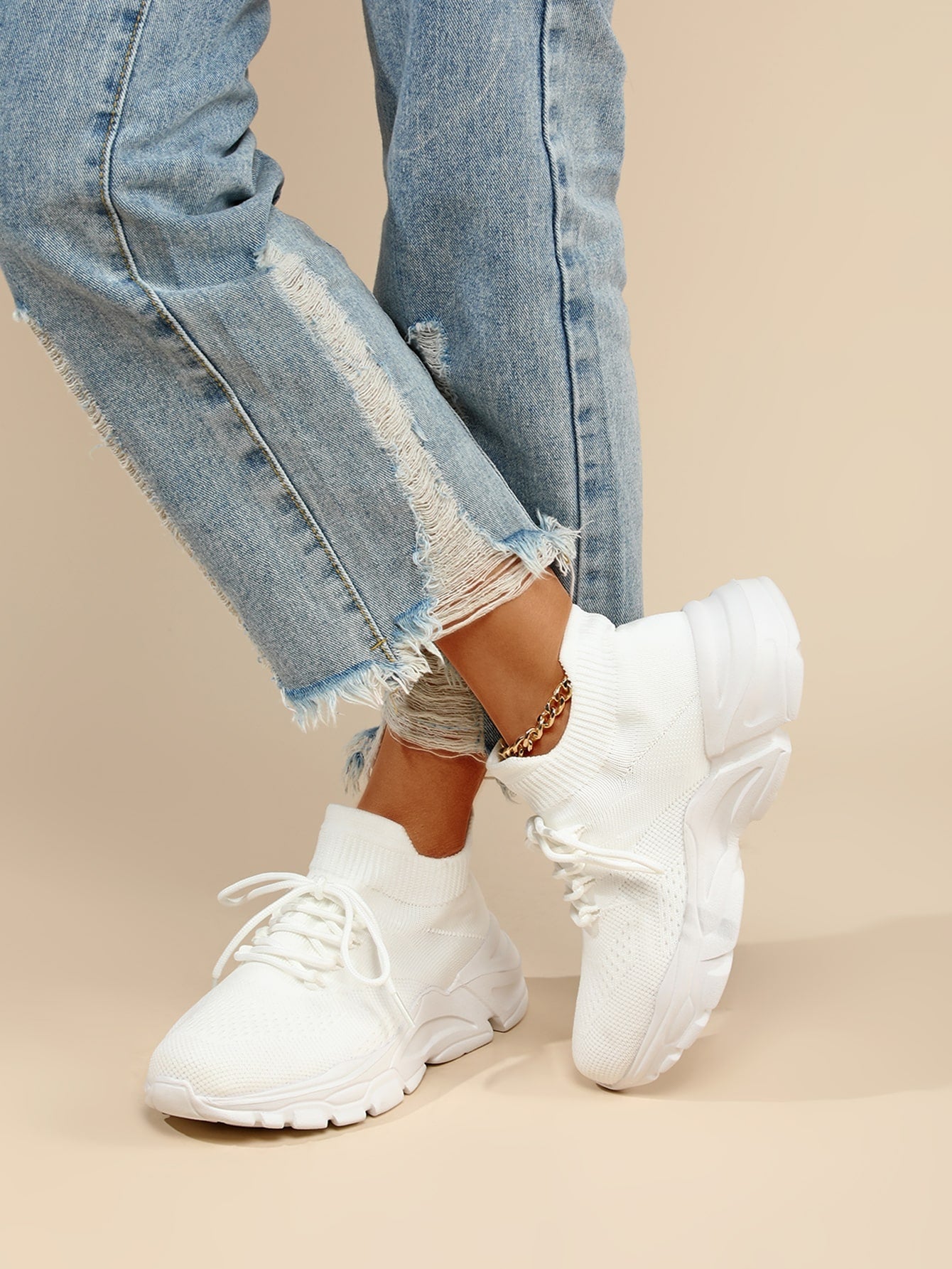 Lace-up Front High Top Chunky Sneakers, White Color Running Shoes With Solid Color Shoelaces For Women - Negative Apparel
