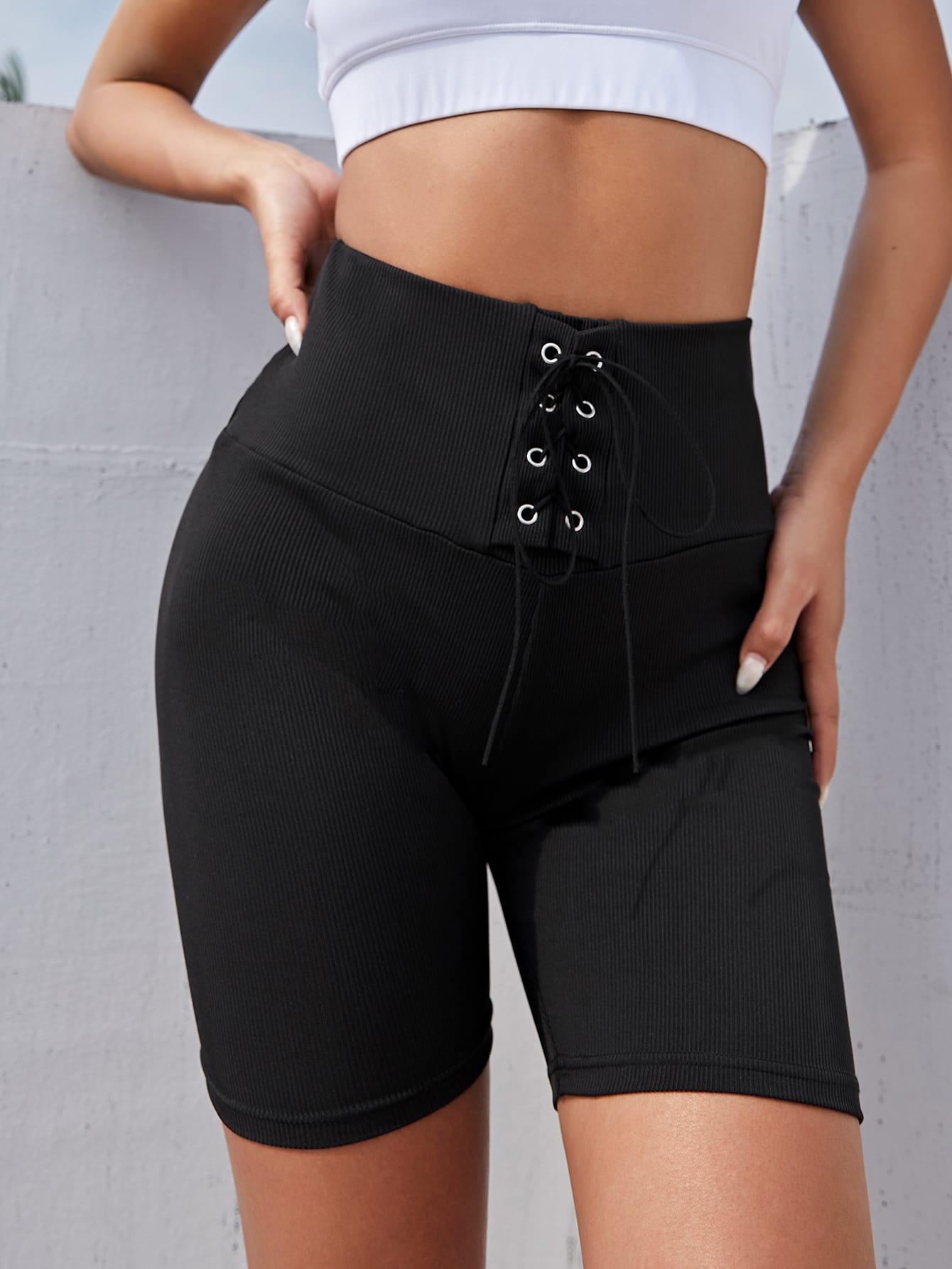 Lace Up Knot Front High Waisted Biker Shorts - Negative Apparel