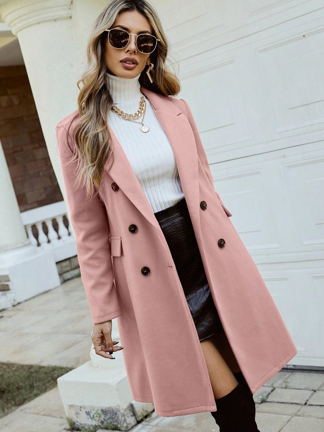 Lapel Collar Double Breasted Overcoat - Negative Apparel