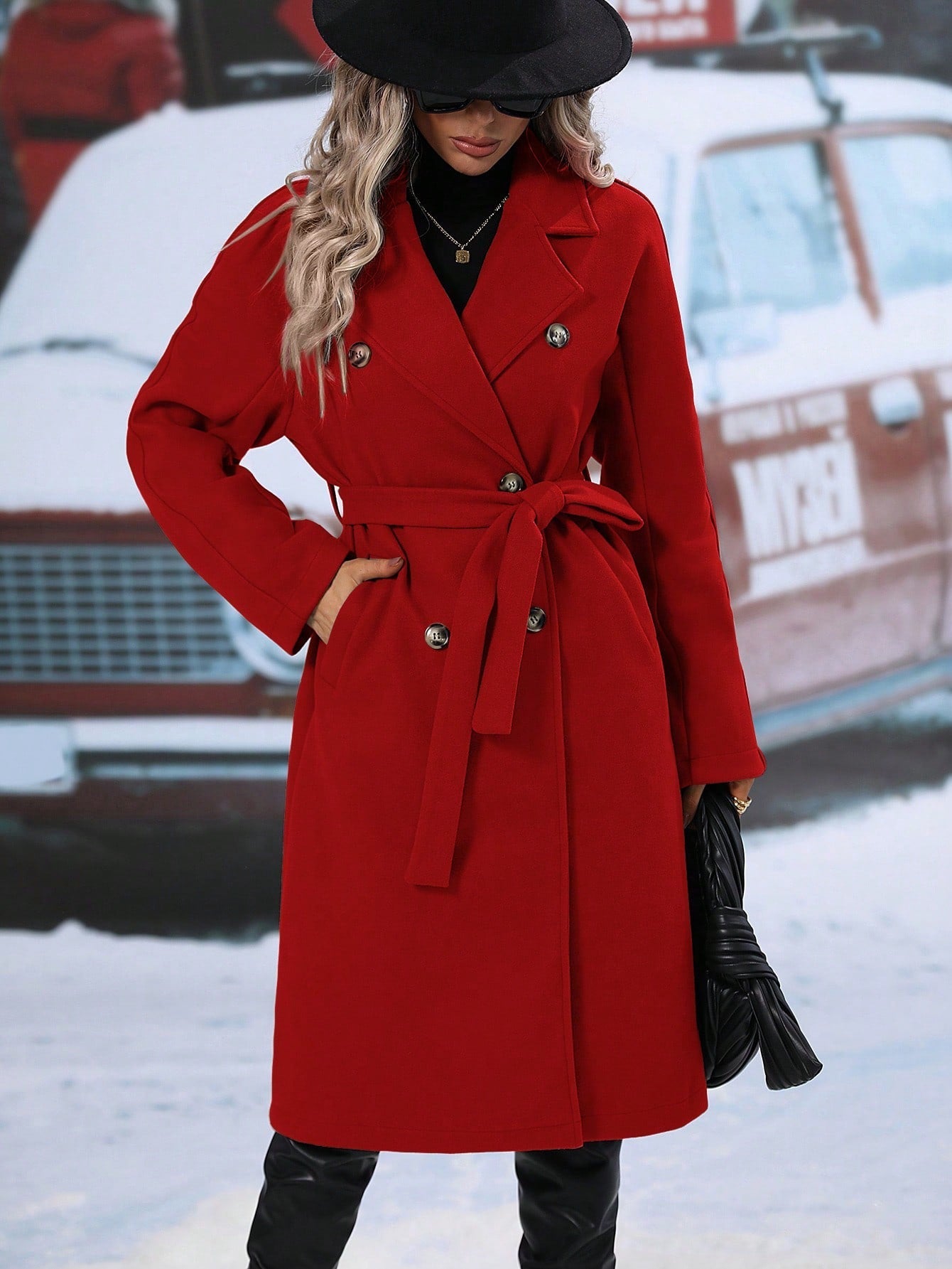 Lapel Neck Double Breasted Belted Overcoat - Negative Apparel