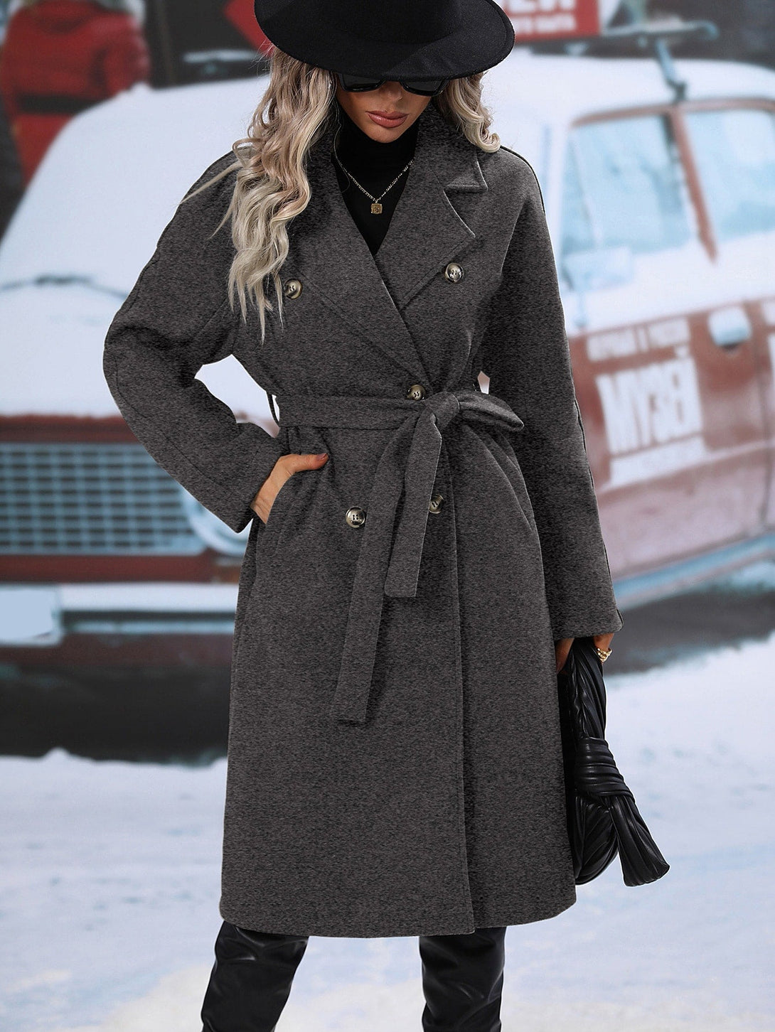 Lapel Neck Double Breasted Belted Overcoat - Negative Apparel