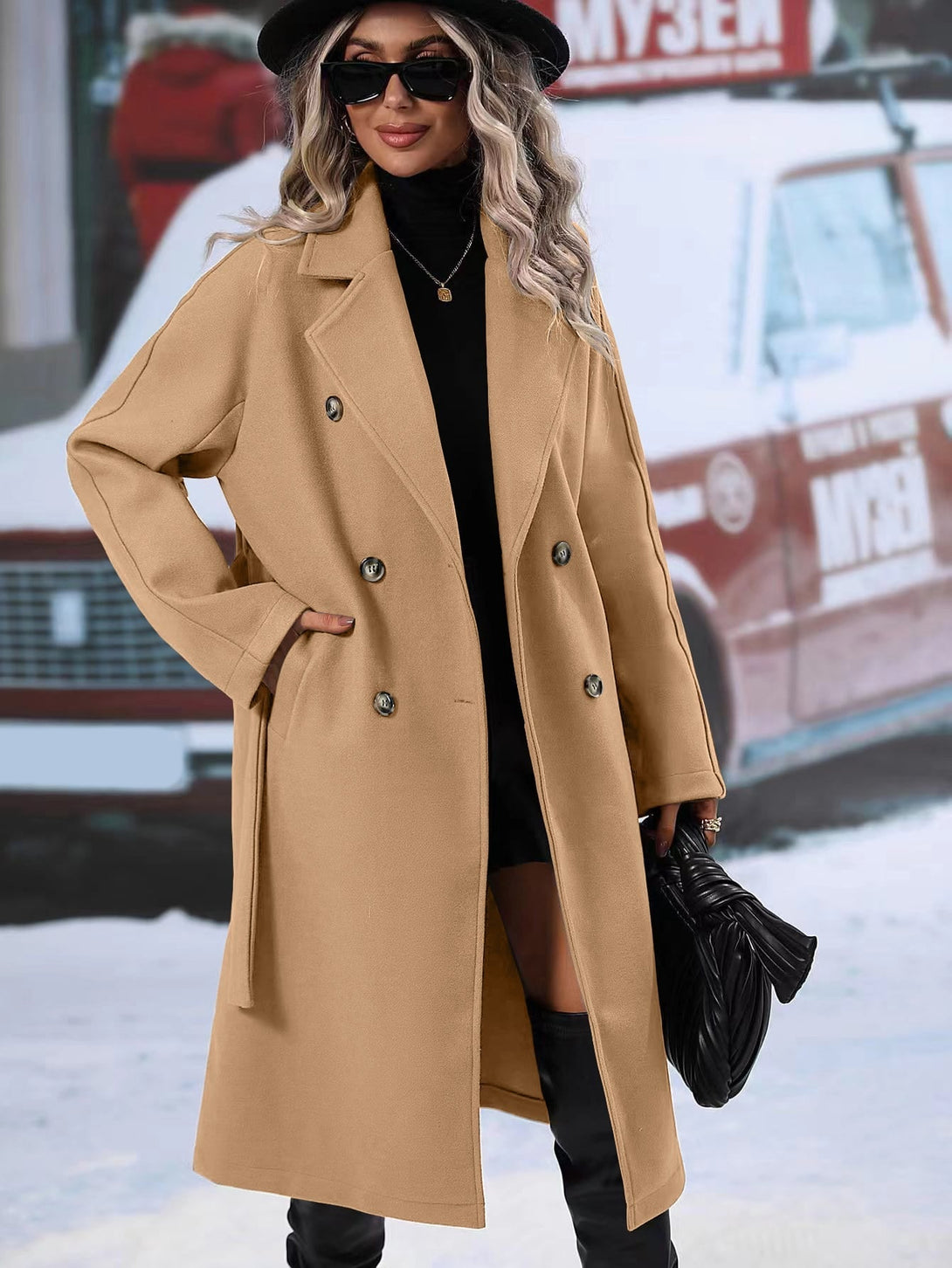 Lapel Neck Double Breasted Belted Overcoat - Negative Apparel