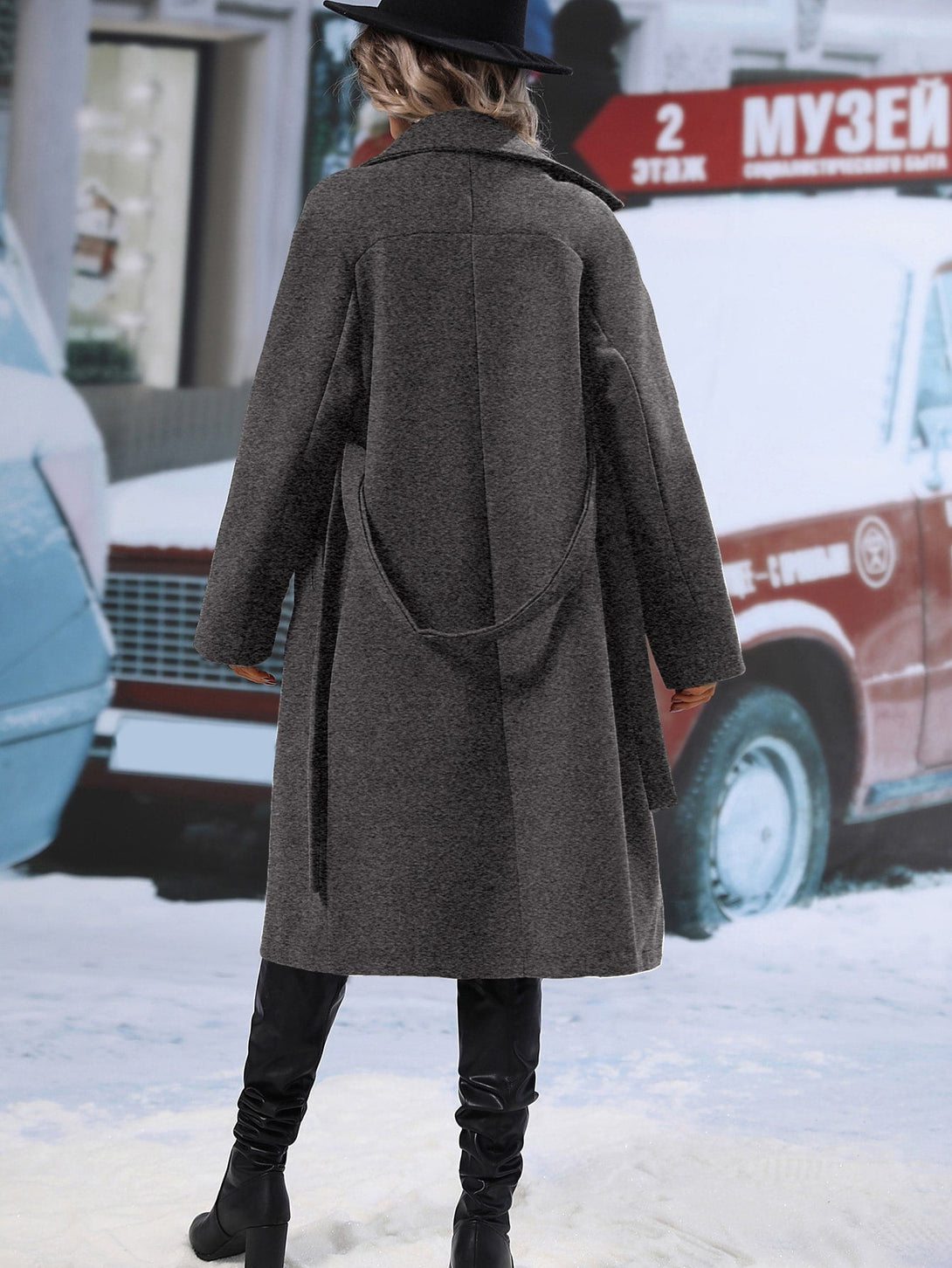 Lapel Neck Double Breasted Belted Overcoat - Negative Apparel