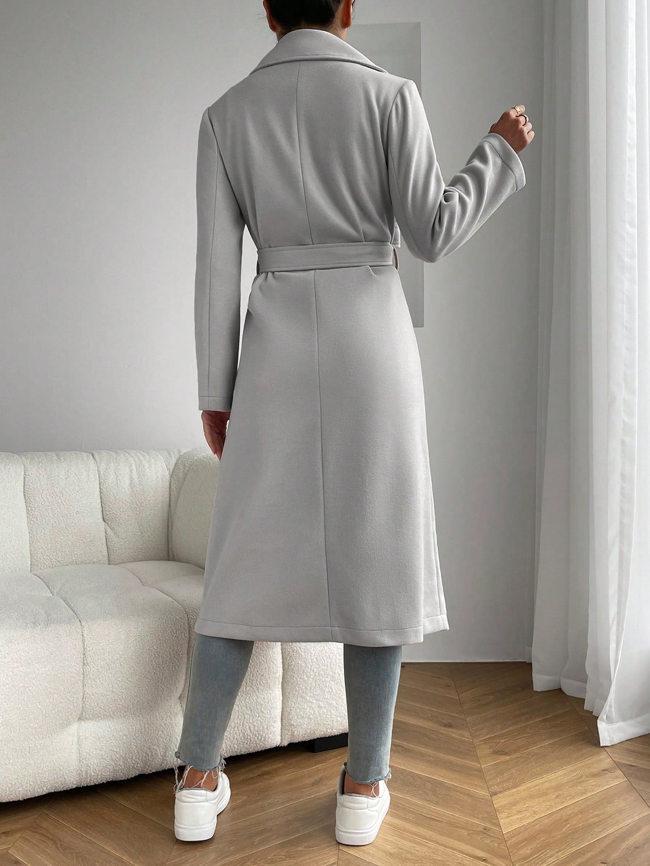 Lapel Neck Dual Pocket Belted Overcoat - Negative Apparel