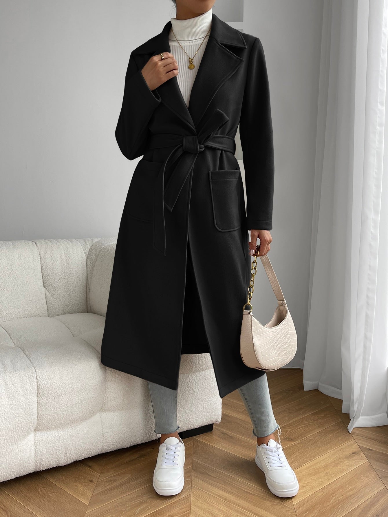 Lapel Neck Dual Pocket Belted Overcoat - Negative Apparel